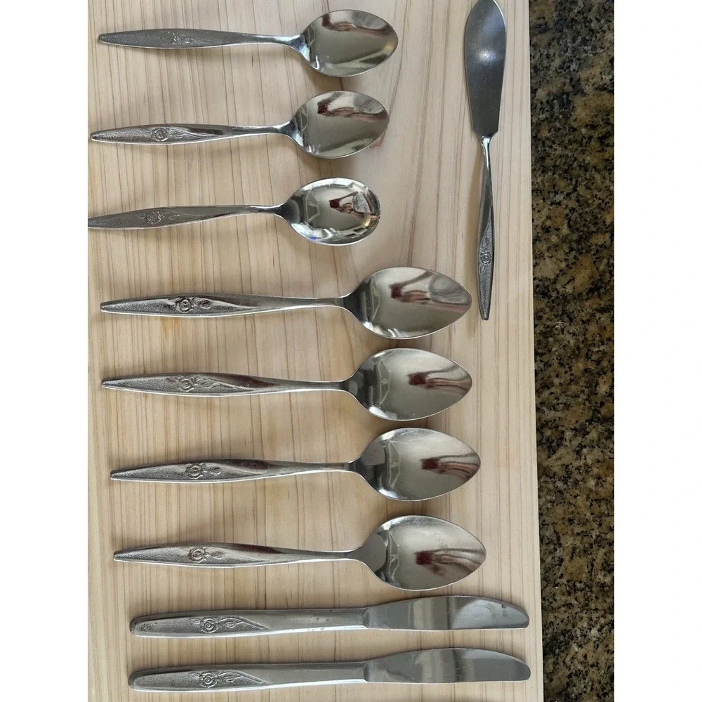 12 Pc  Lot Utica Satin Rose Knives, Spoons‎ Stainless Japan
